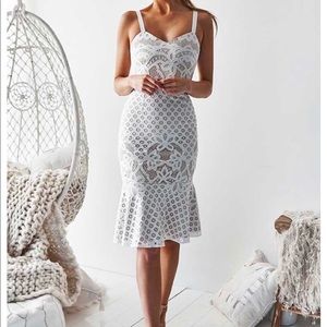 White Lace Midi Dress With Cream Underlay